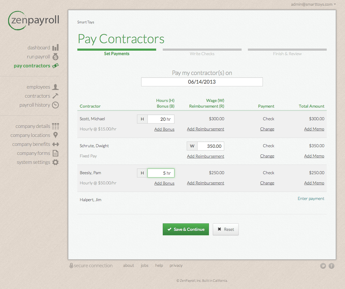 ZenPayroll example: Paying Contractors